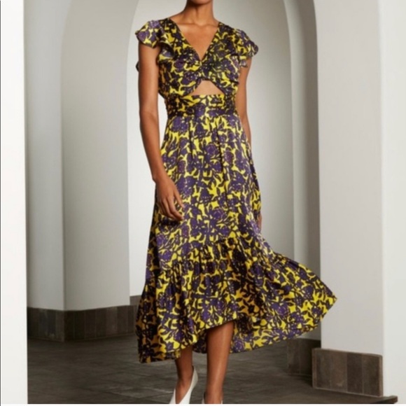 A.L.C. x REVOLVE Valencia Floral Yellow Purple Cutout Ruffle Sleeve Midi Dress - Picture 2 of 3